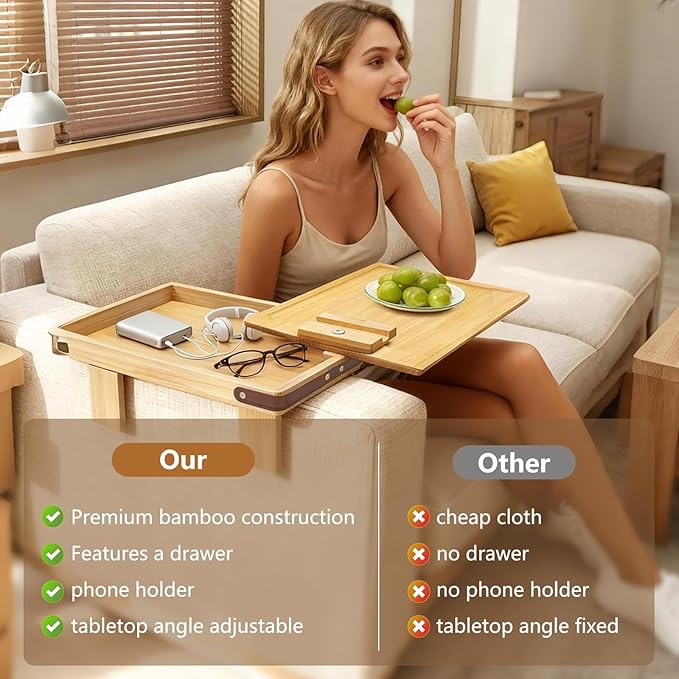Sofa Armrest Tray with Bamboo - 5.5" - 9.8" Adjustable Couch Arm Table with 360° Rotating Phone Holder and Hidden Storage Compartment for Snacks, Drinks, Remote (Natural)