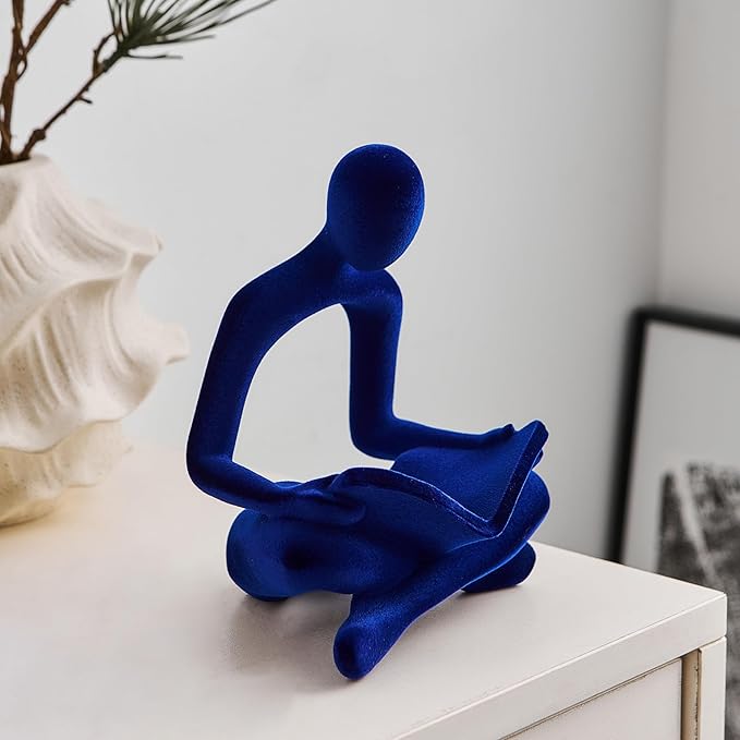 Navy Blue Reading Statue Decor, Modern Abstract Thinker Sculptures Decorations for Living Room, Flocked Figurine for Dining Room Office TV Stand Shelf Coffee Table Decoration, Gifts for Women