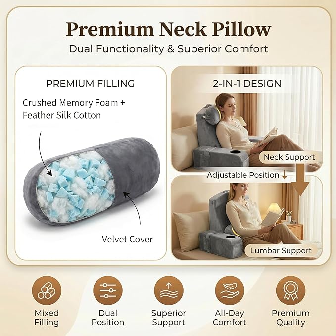 AS AWESLING 19 INCH Reading Pillow for Adults, Back Pillow for Bed Sitting Up, Backrest Pillow for Sitting in Bed, Detachable Arms with Built-in Cup & Phone Caddy (Gray, 19 INCH)