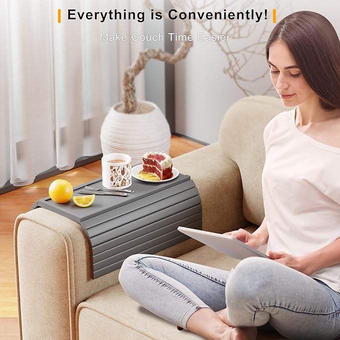 Bestjing Bamboo Sofa Armrest Tray Table for Couch - 2-in-1 Foldable Couch Arm Table with Be Slide Detachable Tray- Anti-Slip Sofa Armchair Caddy for Drinks Cellphone TV Remote Snacks(Gray)