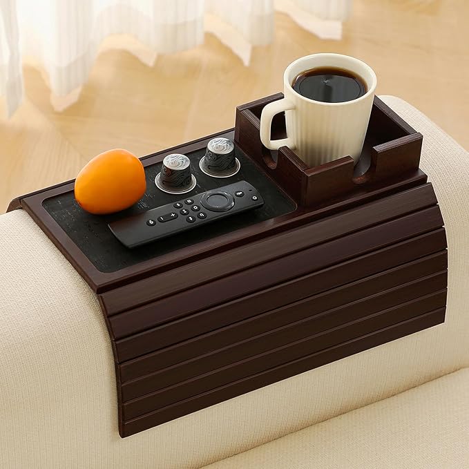 Bamboo Couch Cup Holder Arm Tray Table with Anti-Slip Cork Pad，Couch Drink Holder，Sofa Cup Holder Armrest Tray，Foldable Arm Chair Table Recliners for Drink, Cups, Eats，Snacks, Phone, Remote (Mahogany)