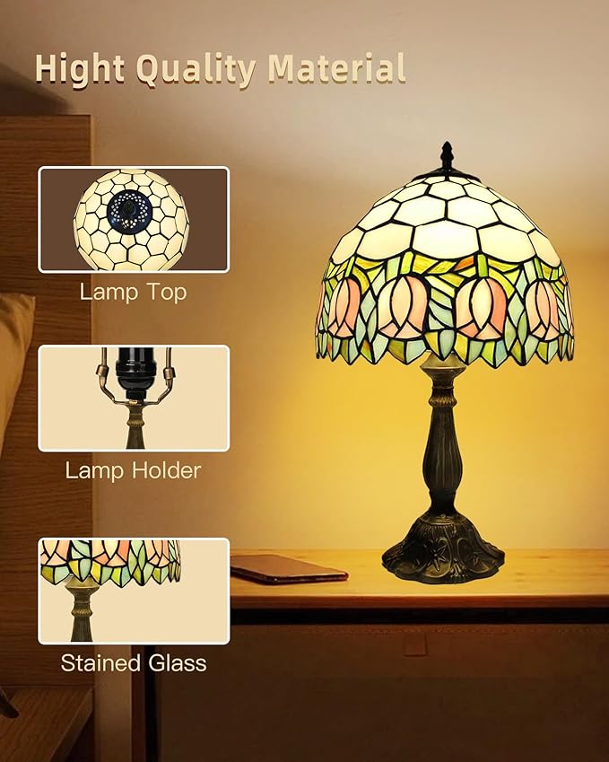 Tiffany Lamp Stained Glass Lamp Pink Tulip Bedroom Table lamp Reading Desk Light for Bedside Living Room Office Dormitory Dining Room Decorate Housewarming Gift 12X12X18 Include Light Bulb