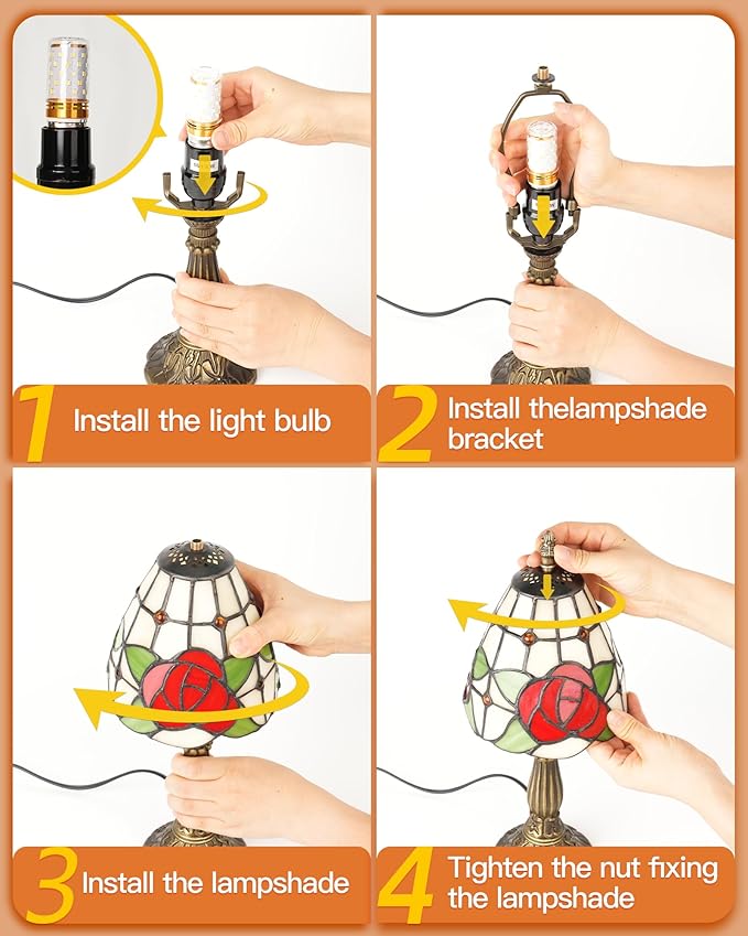 Small Tiffany Style Table Lamp, 6" Antique Stained Glass Lamp, Desk Bedside Table Night Lamp for Bedroom, Living Room, Office, Handcrafted Light with LED Bulb (Red Rose)