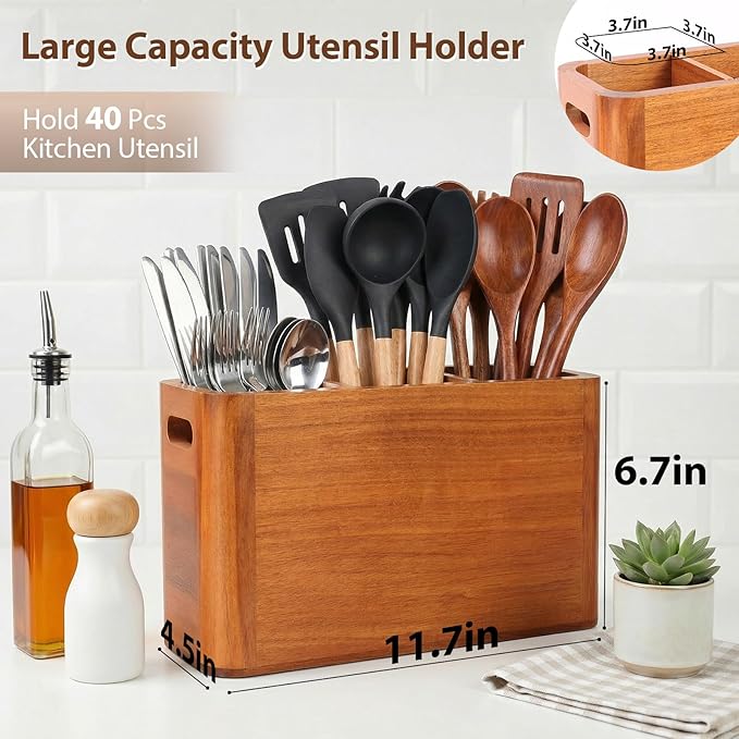 Kitchen Utensil Holder for Countertop, Extra Large Acacia Wood Utensil Organizer, 3-Compartment Storage for Cooking Utensils, Silverware and Cutlery
