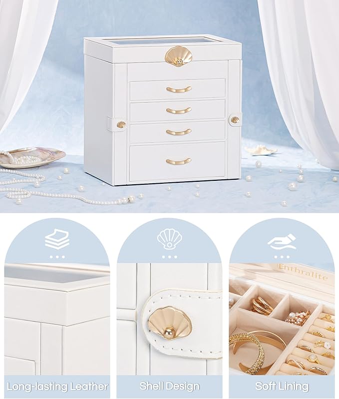 Enthralite Jewelry Box with 4 Drawers: Display Organizer for Earrings Necklaces - Gifts for Girls Women (White)