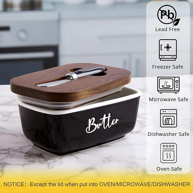 ALELION Black Butter Dish with Lid and Knife for Countertop - Airtight Ceramic Butter Keeper Container with Thick Acacia Wood Lid for Counter or Fridge - for Farmhouse Kitchen Decor and Accessories