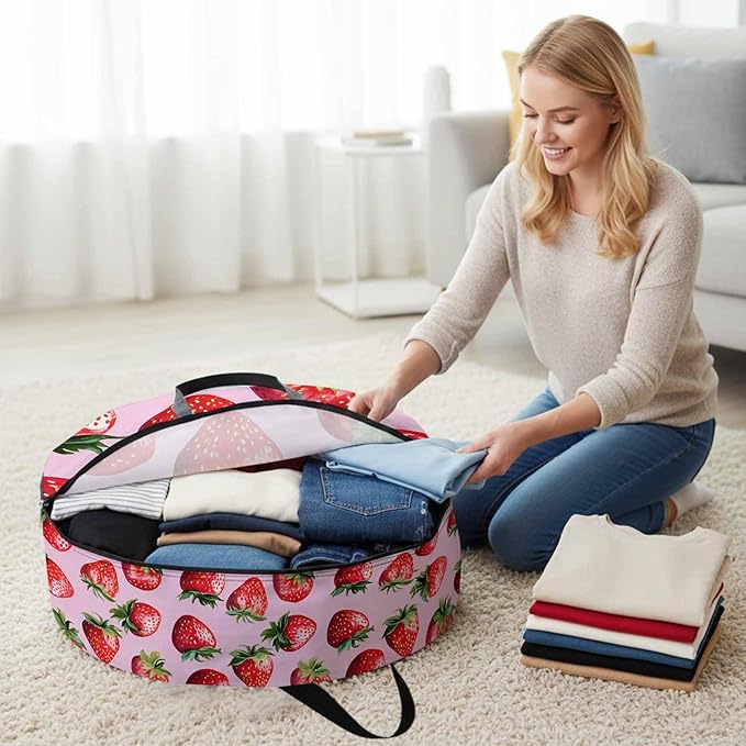 Strawberry Round Storage Bag 36 Inch, Red Plant Fruit Watercolor Pink Background Clothes Storage Container with Handles Heavy Duty Organizer for Comforter, Bedding & Holiday Wreaths