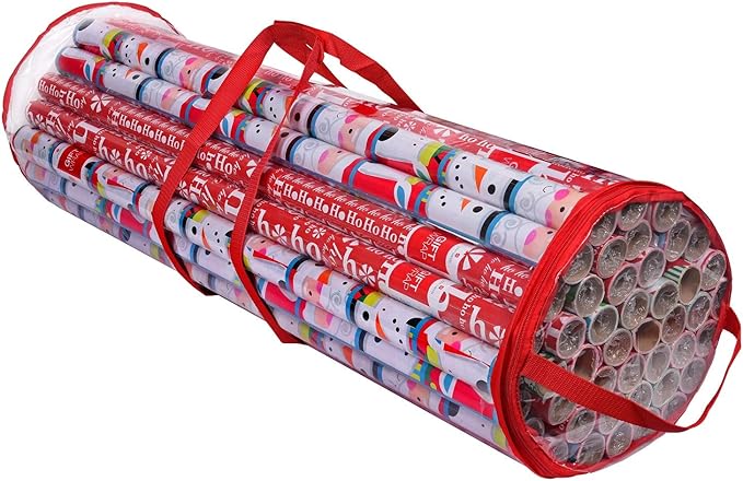 ProPik Christmas Gift Wrap Storage Bag, Clear Organizer Fits Up to 24 Rolls 40 Inch, Heavy Duty PVC Bag with Handles and Zippered Top for Wrapping Paper and Ribbons (Red trimming)