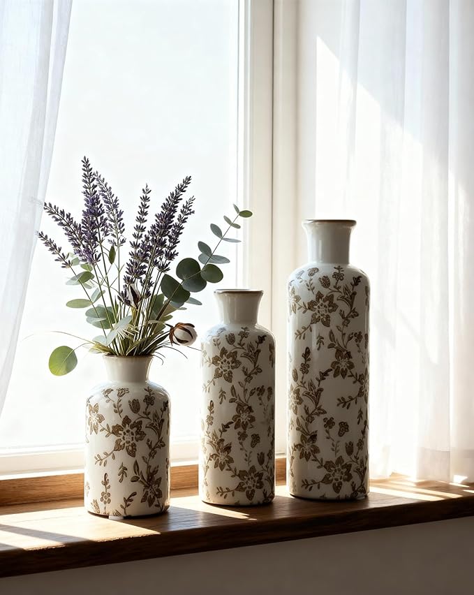 Ceramic Vase Set of 3, Vintage Ceramic Flower Vases, Crackle-Glaze & Distressed Rim, Brown Botanical Pattern, for Home Decor, Living Room Mantel & Dining Table Centerpiece