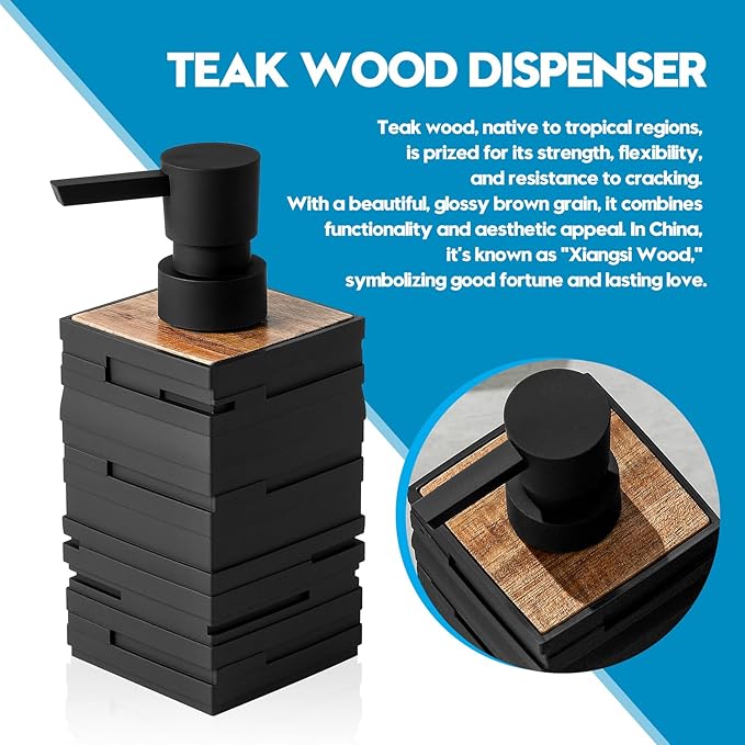 YAUKPH Matte Black Teak Wood Hand Soap Dispenser 10 oz Square for Bathroom and Kitchen Countertops