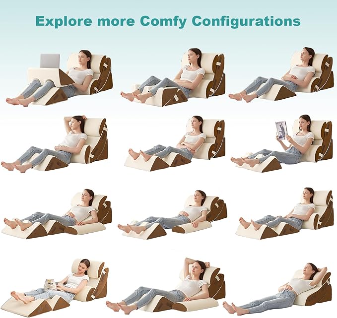 Hansleep Bed Wedge Pillow Set for After Surgery 6PCS, Post Surgery Pillow for Sleep Apnea and Acid Reflux Relief, Adjustable Reading Pillows Back Support with Memory Foam, Beige, 23"