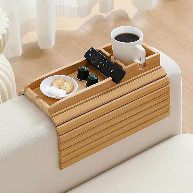Bamboo Couch Cup Holder Arm Tray Table，Foldable Couch Drink Holder Armrest Table，Sofa Arm Rest Tray，Flexible Arm Chair Table Tray Recliners for Drink,Cups, Snacks, Phone, Remote (Bamboo)