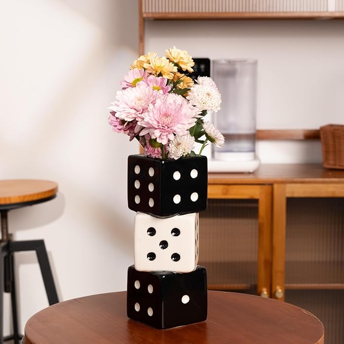 MOUGIGI Unique Handmade Dice Vase - Stylish Black & White Ceramic Decor for Home, Bar | Geometric Design Perfect for Fresh, Dried, or Artificial Flowers | Eye-Catching Centerpiece & Decorative Accent