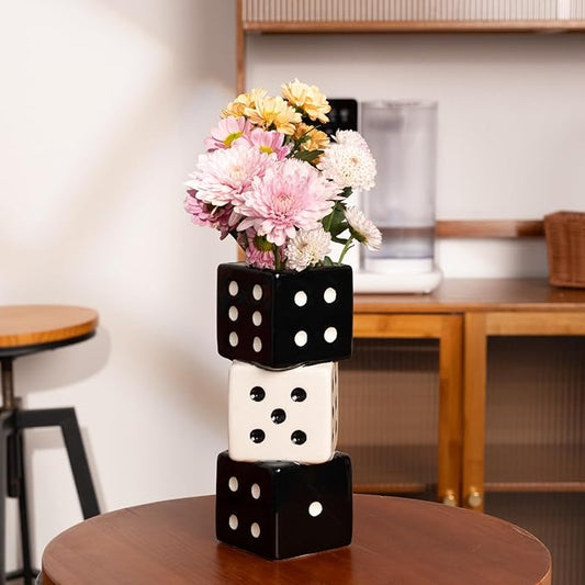 MOUGIGI Unique Handmade Dice Vase - Stylish Black & White Ceramic Decor for Home, Bar | Geometric Design Perfect for Fresh, Dried, or Artificial Flowers | Eye-Catching Centerpiece & Decorative Accent