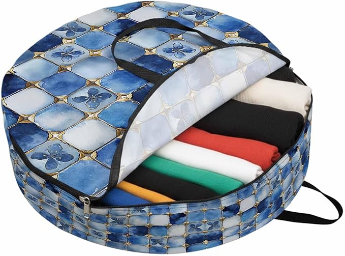 Blue Crystal Flower Round Storage Bag 30 Inch, Irregular Texture Clothes Storage Container with Handles Heavy Duty Organizer for Comforter, Bedding & Holiday Wreaths
