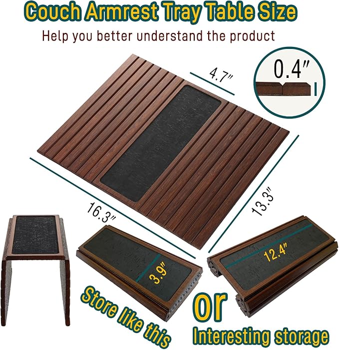 Bamboo Couch Arm Tray Table with Anti-Slip Cork Pad，Foldable Sofa Armrest Tray Table for Couch，Flexible Couch Arm Cup Holder，Portable Sofa Arm Chair Table for Drink, Snacks, Phone, Remote (Brown)
