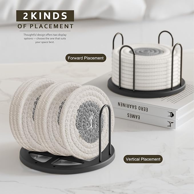 Lazebox Coasters Set of 8 for Drinks, Beer, Coffee, Cotton Woven Absorbent Coaster with Holder, Boho Coasters for Home Decor Tabletop Protection Suitable for Kinds of Cups, White & Grey