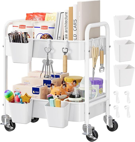 2 Tier Small Rolling Metal Cart with Wheels, White Under Desk Storage Cart on Wheels, Short Utility Roller Carts Organizer for Pantry, Bathroom, Kitchen,Office, Two Tiered Mobile Storage Shelf Trolley