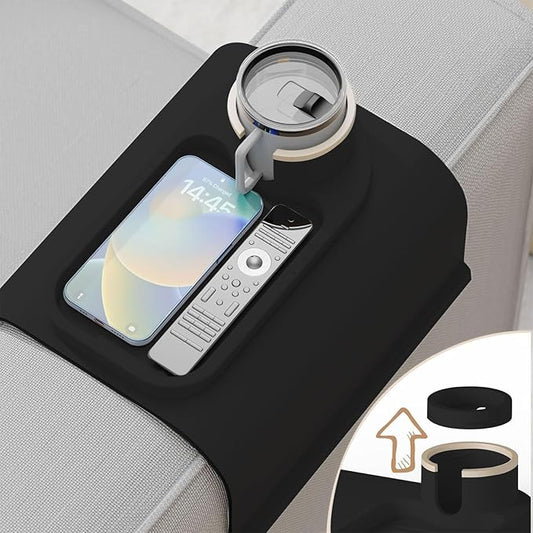 Couch Cup Holder Tray for 8 inch Sofa Arm,Silicone Couch Drink Holder-Flexible Couch Caddy for Phone, Snacks, and Remotes - Anti-Spill & Anti-Slip Couch Arm Table - Black