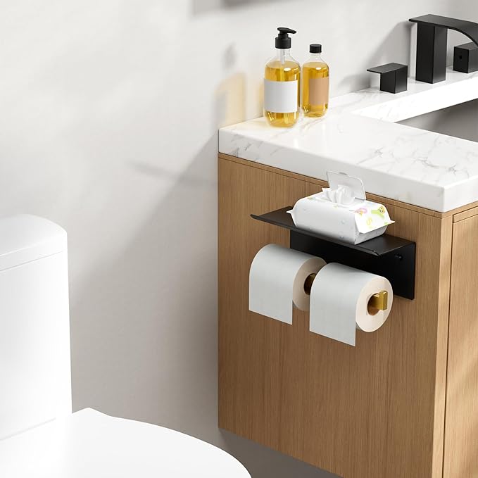 FORIOUS Toilet Paper Holder with Shelf, 304 Stainless Steel Wall Mount Commercial Toilet Paper Dispenser, Double Tissue Roll Holder for Bathroom (Matte Black & Brushed Gold)