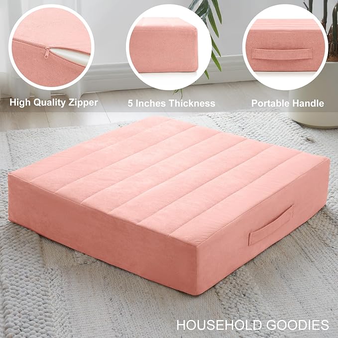 JKMAX 2 Pcs High Density Foam Floor Pillow - Upgraded Large Pillows Seating for Adults - Outdoor Floor Cushion with Soft Tufted Cover - Yoga Pillows for Sitting On Floor - 22 Inch Pink
