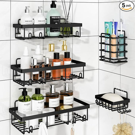 Liuoud 5 Pack Shower Caddy Organizer Rack Shelf for Inside Shower, Adhesive Bathroom Wall Storage Basket Rustproof Stainless Steel Shampoo Holder, Bathroom Accessory Decor Set, Black.