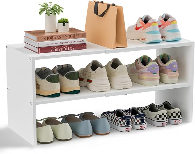 White Shoe Rack Organizer for Closet, 2-Tier Expandable Shoe Shelf, Stackable Iron Wood Combination Small Shoe Racks Shelves for Closets, Entryway,Small Space,Hallway,Bedroom,Bathroom,6-12 Pairs