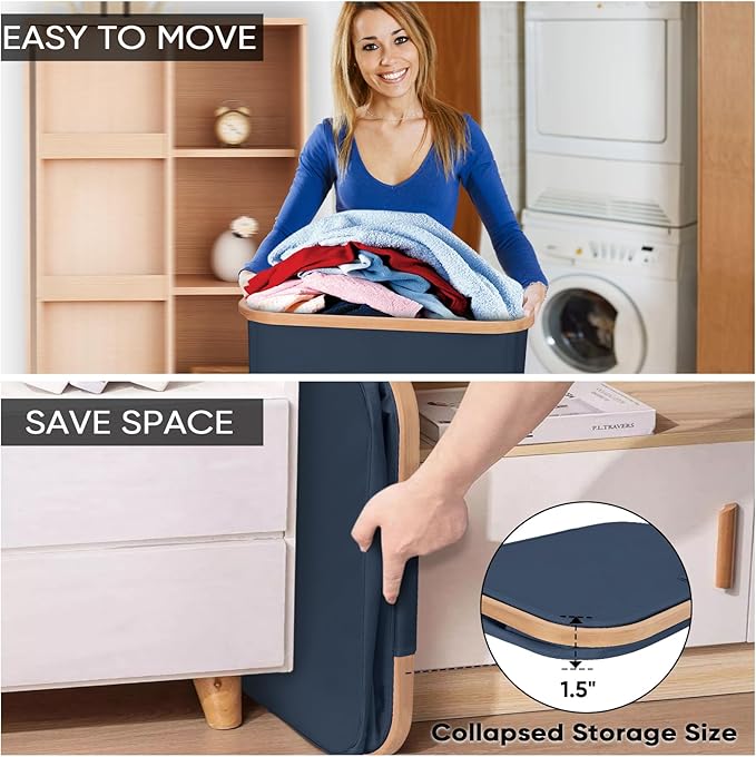 BALEINE Laundry Hamper with Lid, Tall Laundry Baskets with Bamboo Pull Handles, Large Laundry Bin with Internal Support (26 Gal/100L, Blue Stripe)