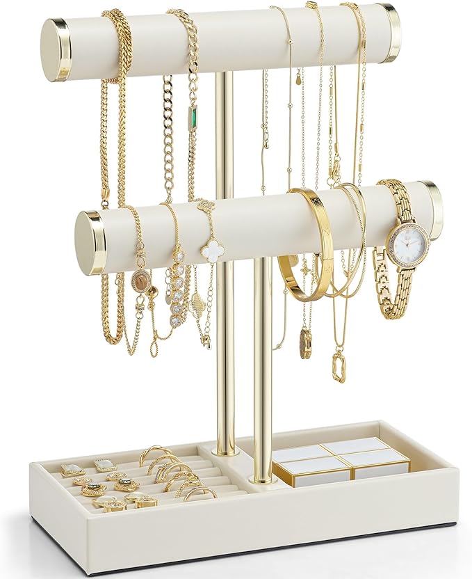VLANDO 2 Tier Bracelet Holder Organizer with Tray - Mothers Day Gifts Jewelry Stand Organizer for Mom - Jewelry Holder Display for Necklace, Watches, Rings, Earrings, Bangle, Scrunchie - Cloud White