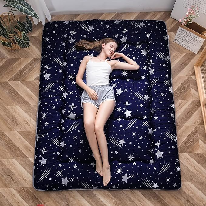 MAXYOYO Navy Starry Sky Japanese Floor Futon Mattress, Tatami Mat Portable Camping Mattress Kids Sleeping Pad Foldable Roll Up Floor Lounger Couch, King Size