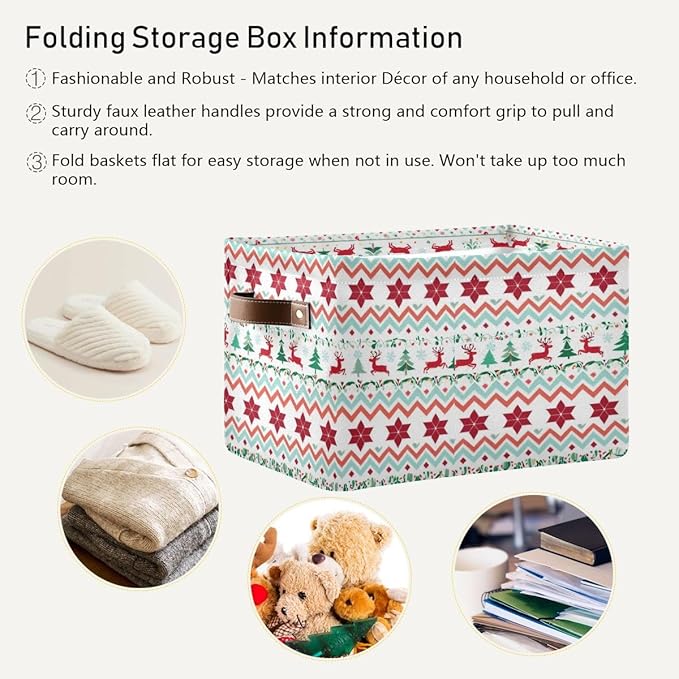 Christmas Storage Box, Canvas Foldable Organizer with Reindeer Pattern, 14.2x10.2x8.3 Inches, Brown Leather Handles, for Bedroom Closet Storage
