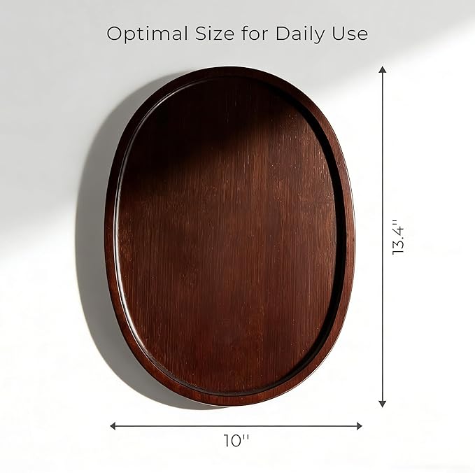 DETOR Clip-On Couch Armrest Table, 13.4" x 10" Oval Shape, Mahagony Bamboo Finish, Stainless Steel Hinges, Odor-Free Non-Slip Pads, Fits 6"–10" Armrests