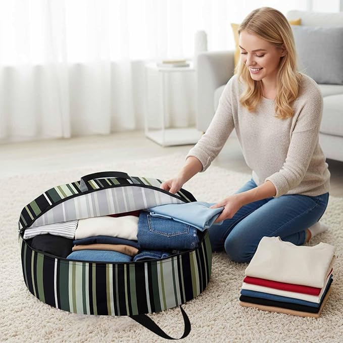 24 Inch Round Storage Bag 1 Pack,Green Black Stripe Pattern Waterproof Wreath Storage Container with Handles&Zipper Line Texture Closet Organizer Bags Garland Box