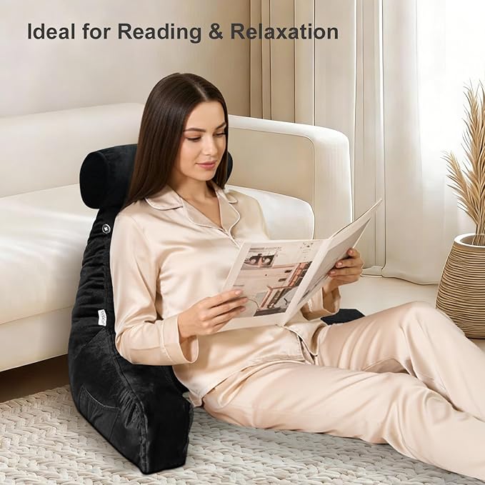 Reading Pillow for Sitting in Bed Adult with Detachable Neck Roll & Big Backrest Pillow for Bed Sitting up with Arms Side Pocket Shredded Foam Large Back Chair Pillow with Washable Cover