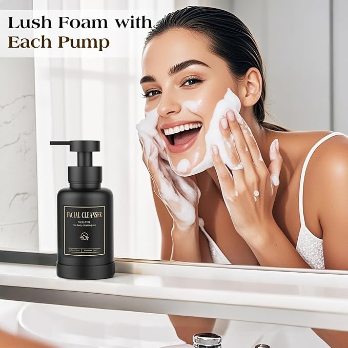 Luxspire Foaming Soap Dispenser, Glass Foam Pump Soap Dispenser, Non-Slip Hand Soap Bottle with 5 Waterproof Labels, 15 Oz Refillable Liquid Soap Bottle for Bathroom & Kitchen, Black, 1 Pack