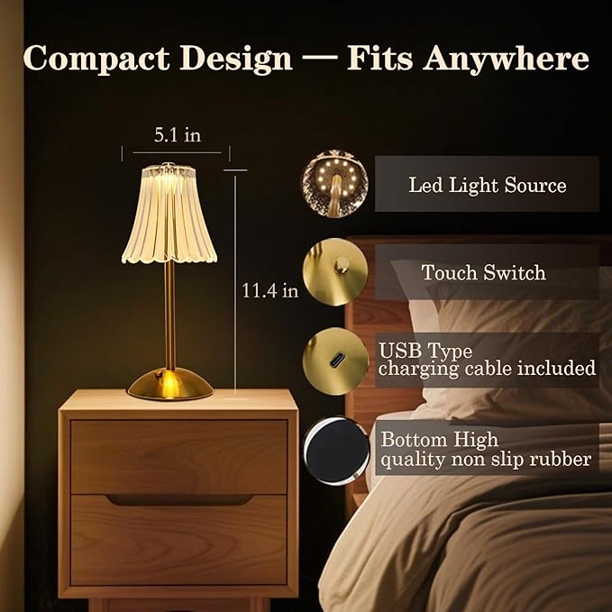 Crystal Table Lamp, 5000mAh Rechargeable Lamp with Touch Control, 3 Color Temperatures, Dimmable Brightness, Matte Aluminum Light for Bedroom/Bar/Kitchen/Outdoor (Retro Golden, Large-2Pc)