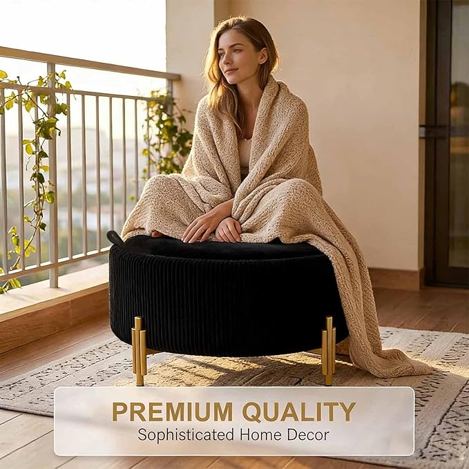 30'' Round Storage Ottoman Coffee Table, Modern Velvet Upholstered Ottoman with Lid and Metal Legs for Living Room, Bedroom (Black)
