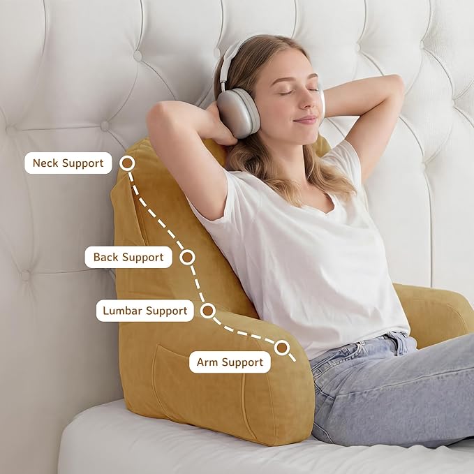 Unisakey Portable Comfy Reading Pillows for Bed Sitting Up(Camel Oeko-Tex), Velvet Back Pillow with Arms & Pockets for Adults, Support Memory Foam Bed Pillow for Dorm/Reading/Watching/Gaming