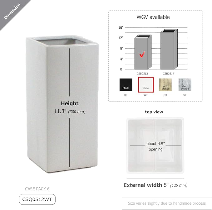 WGV Ceramic Block Vase 5" W x 12" H, (Multiple Size/Color Choices) Matte Tall Square Flower Planter Pot, Accents Home Office Tabletop Decor, Ideal Gifts White 1 Piece (CSB0512WT)