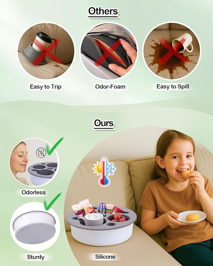 Couch Cup Holder Tray Round, 4-Cups Bedside Drink Holder for Elderly/Pregnancy, Stable Non-Spill Silicone Couch Caddy for Remote Control, Glasses‌, Snacks, Phones‌ (White-Gray)