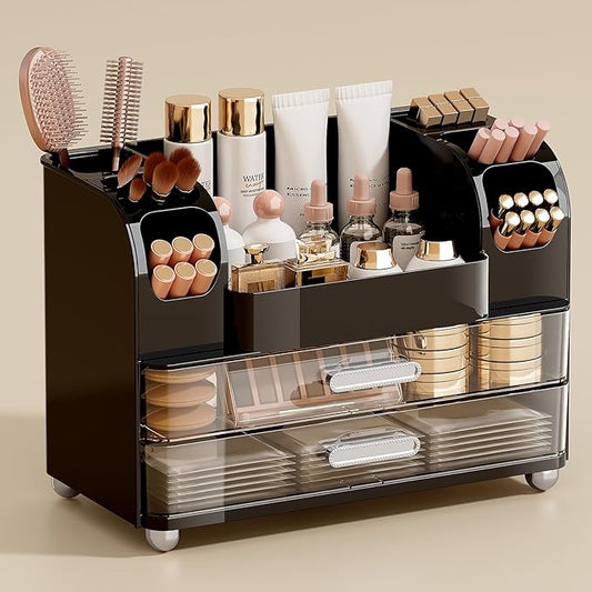 Makeup Organizer for Vanity with 2 Large Drawers, Cosmetic Display Case with Brush Holders, Easy to Storage for Bathroom Countertop Skincare, Perfume, Black
