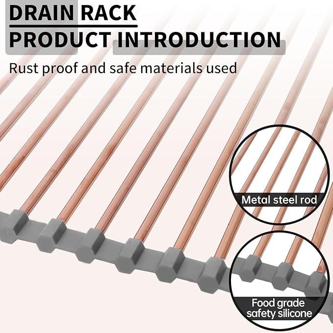 11.8" x 17" Expandable Roll Up Over The Rack Sink Cover Kitchen Dish Drying Rack,SUS304 Stainless Steel Multipurpose Collapsible Organizer Dish Drying Rack for Kitchen Sink Cover,Rose Gold
