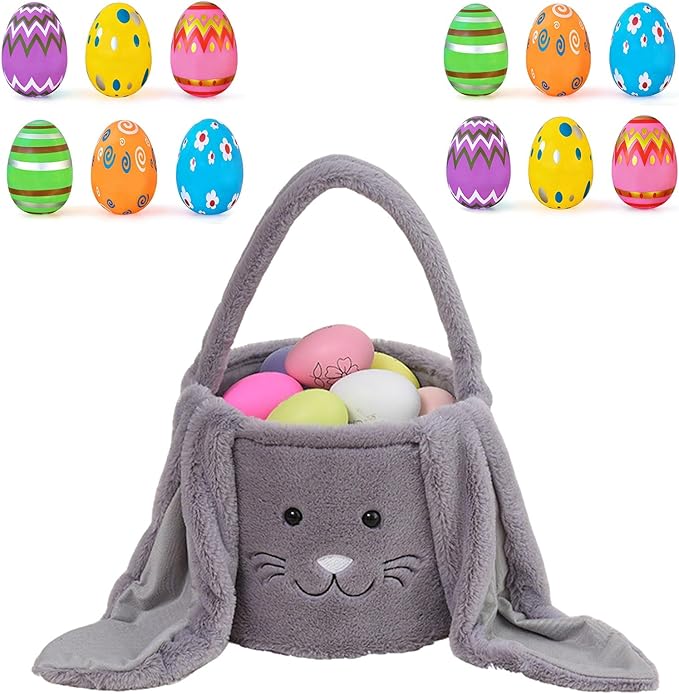Plush Bunny Easter Egg Handbag Set, 2026 New Easter Storage Basket, 12 Openable Easter Eggs(Gray)