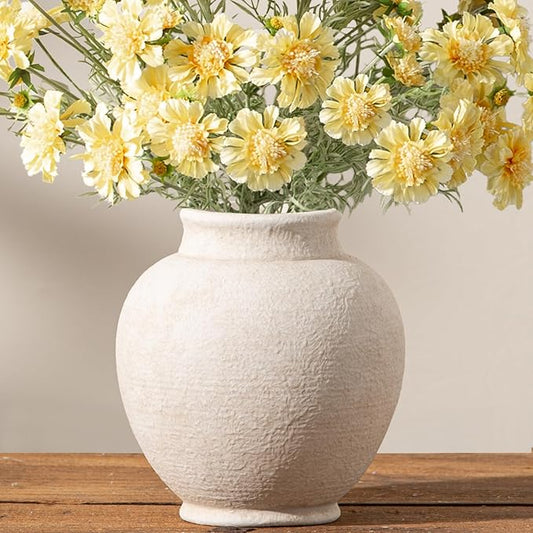 Ceramic Flower Vase, 6.7 Inch White Flower Vase Rustic Farmhouse Decorative Vase Floral Pottery Vases for Home Decor Table Living Room Entryway Mantel Bookshelf Bedroom Bathroom Kitchen - White