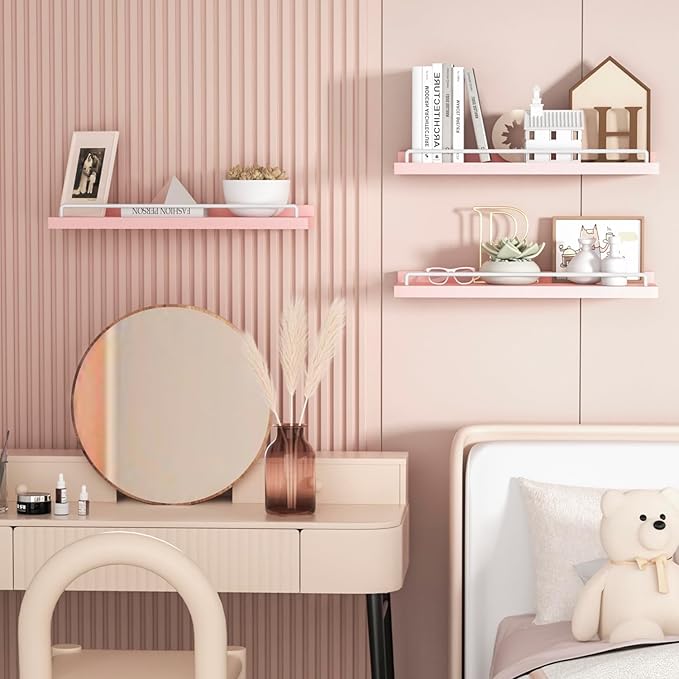 RYOFOBETTO Pink and White Floating Shelves, Kawaii Room Decor Wall Shelves - Set of 3 for Living Room, Bedroom, Kitchen, Picture Frames, Plants