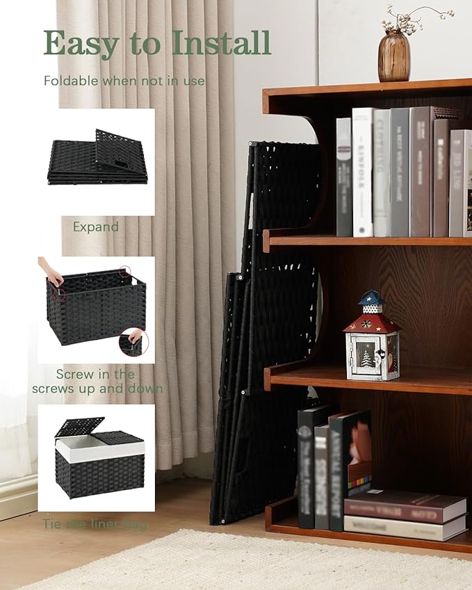SETVSON Storage Basket with Lid Rattan Woven Storage Baskets with 2 Separate Lids, 17.2 Gallon (65 L), Wicker Storage Bins Foldable, 2 Removable Liner Bags Handles for Bedroom, Laundry Room Black