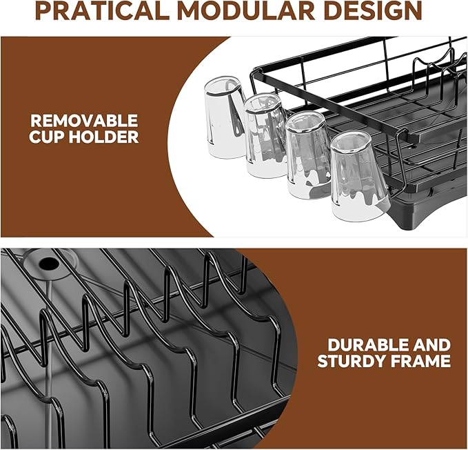 Simple Trending Dish Drying Rack for Kitchen Counter, Rust-Resistant Dish Rack, Large Dish Drainer Organizer with Cutlery Holder & Cup Holders, Black