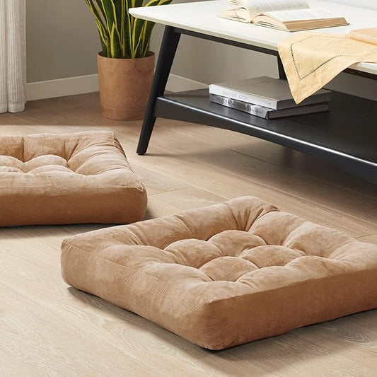 Meditation Floor Pillow Set of 2, Square Large Pillows Seating for Adults, Tufted Corduroy Cushion for Living Room Tatami, Coffee Brown 22x22 Inch