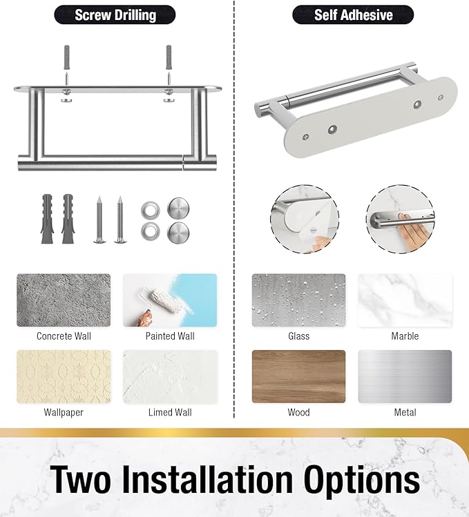 HITSLAM Brushed Nickel Toilet Paper Holder, SUS304 Stainless Steel Bathroom Toilet Paper Roll Holder Wall Mounted and Self Adhesive, No Drill Tissue Holder Use for Washroom and Kitchen