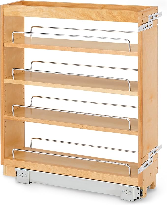 Rev-A-Shelf 5" Wood Pullout Kitchen Cabinet Organizer for 5.5" W Opening - Spice Caddy & Seasoning Rack Sliding Storage with Adjustable Shelves for Pantry Organization, 448-BC-5C